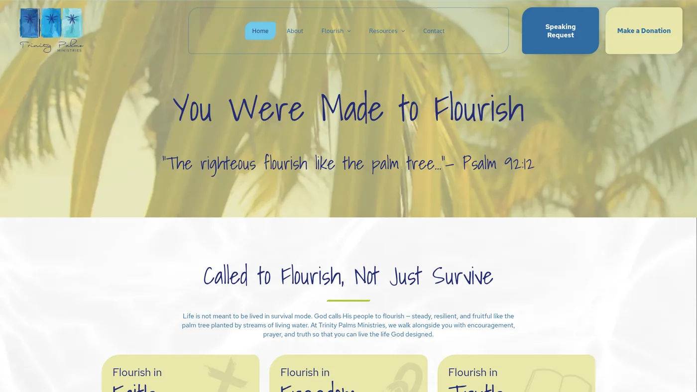 Trinity Palms Ministries website design screenshot showing homepage layout and branding by DigitalTreehouse
